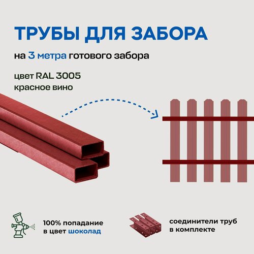 Изображение товара Трубы металлические для штакетников с соединителем, 3 метра, красное вино