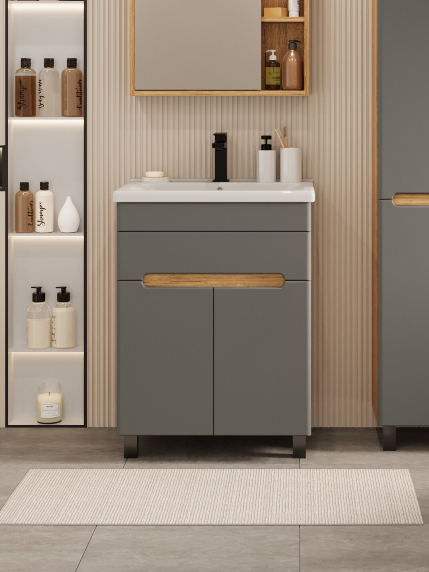 Тумба напольная Vannika Bliss 50 с раковиной Фест 50 для ванной комнаты графит софт