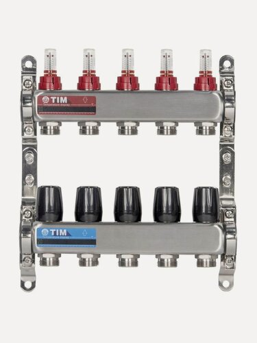 Изображение товара Коллекторная группа 5 контуров с расходомерами 1" * 3/4" E, нерж. сталь, TIM, KDS5005