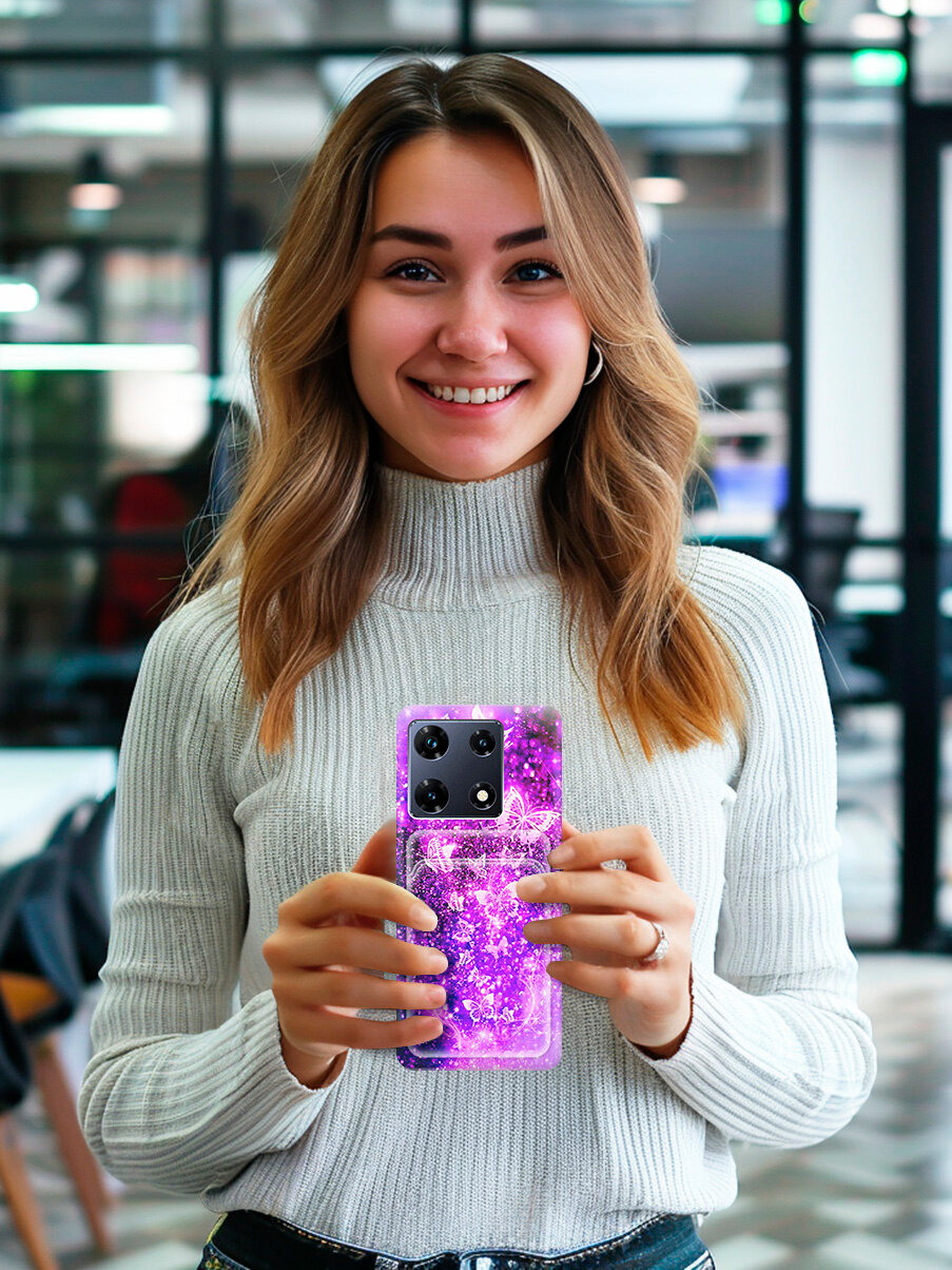 Силиконовый чехол на Infinix Note 30 Pro с принтом "Фиолетовые бабочки" с карманом для карты — фото 1