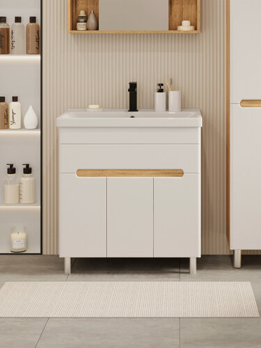 Изображение товара Тумба напольная Vannika Bliss 80 с раковиной Фест 80 для ванной комнаты, белая, дуб вотан