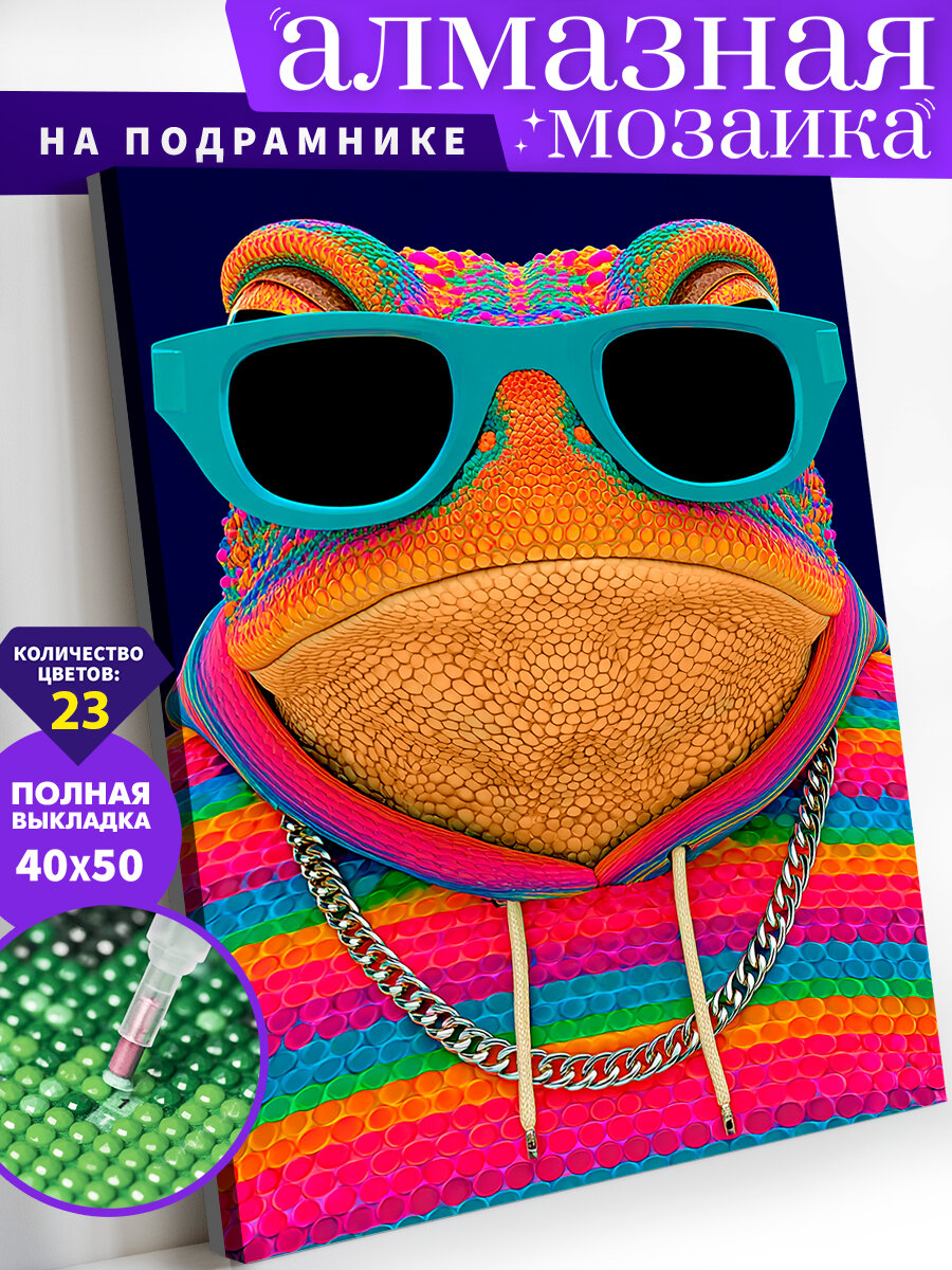 Алмазная мозаика на подрамнике 40х50 см. Неоновая лягушка. Алмазная вышивка. Картина стразами