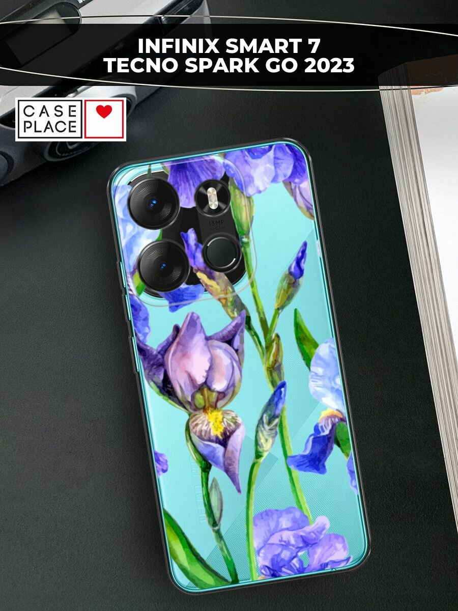 Чехол на Tecno Spark Go 2023/Infinix Smart 7 / Текно Спарк Гоу 2023/Инфиникс Смарт 7 с принтом "Синие ирисы", прозрачный