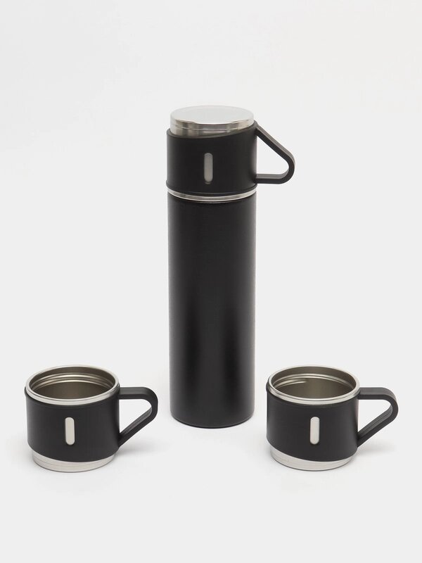 Подарочный набор: термос-термокружка с тремя чашками, объем 500 мл(черный)