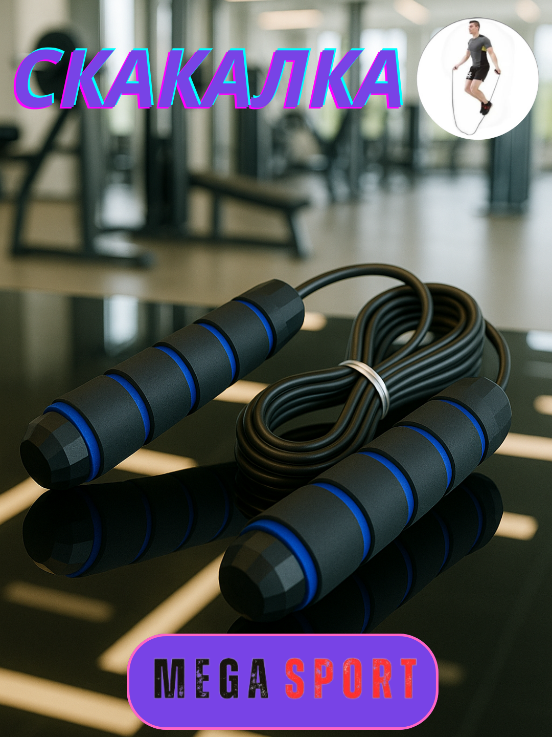 Скакалка для спорта, фитнеса, спортзала и кроссфит тренировок, резиновая_H-6669_KOK