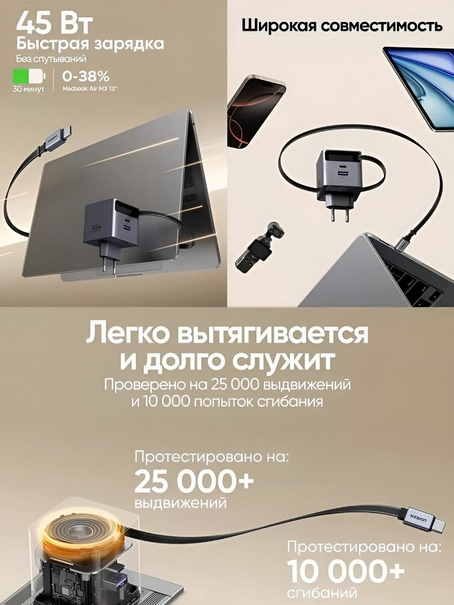 Сетевое зарядное устройство 45W GaN с USB-C+A и выдвижным кабелем USB-C UGREEN X614 (65822)