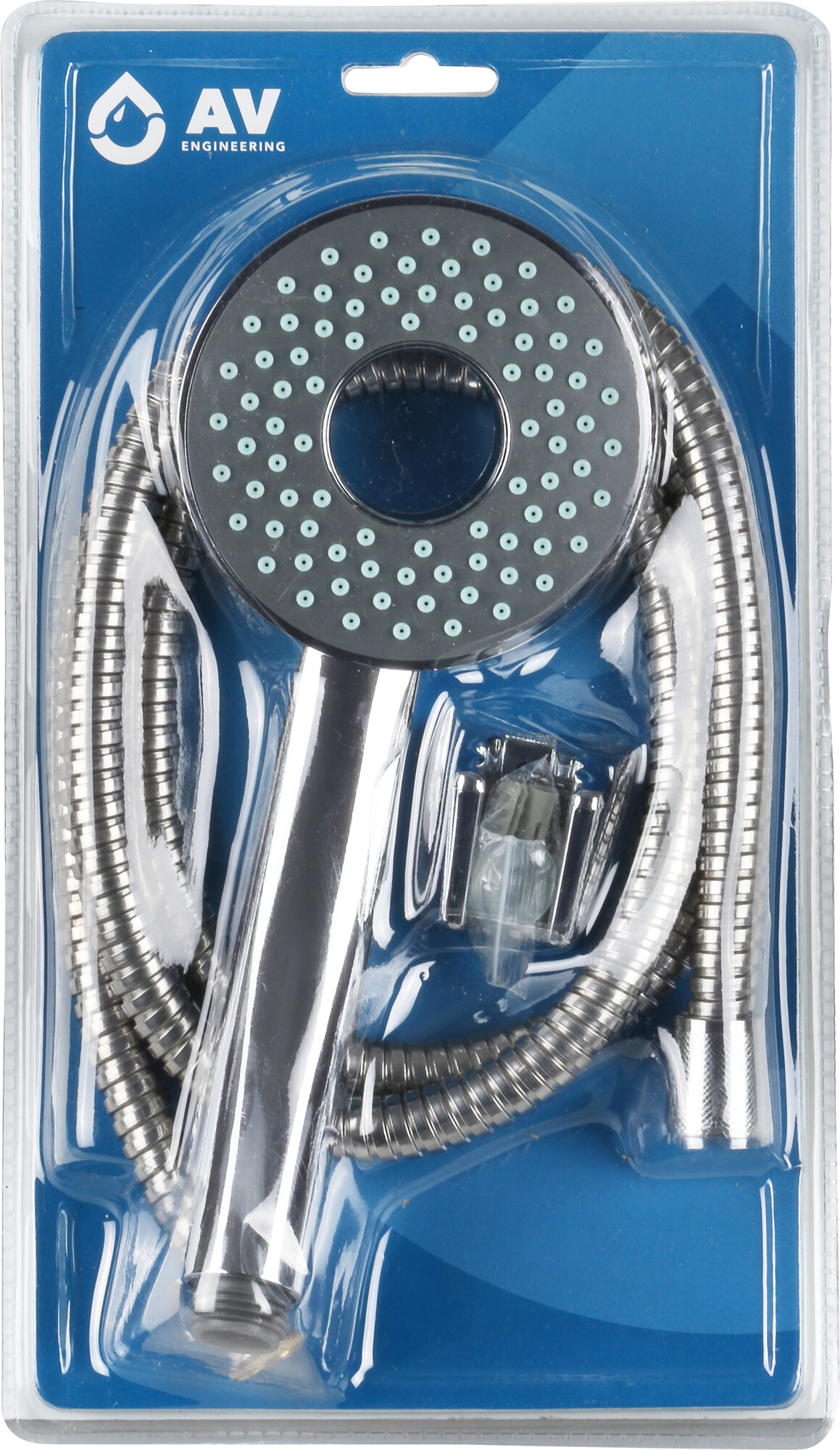 Лейка для душа со шлангом и держателем AV ENGINEERING AVSSS-031 1 функция, хром, пластик, шланг нержавеющая сталь 150 см — фото 1