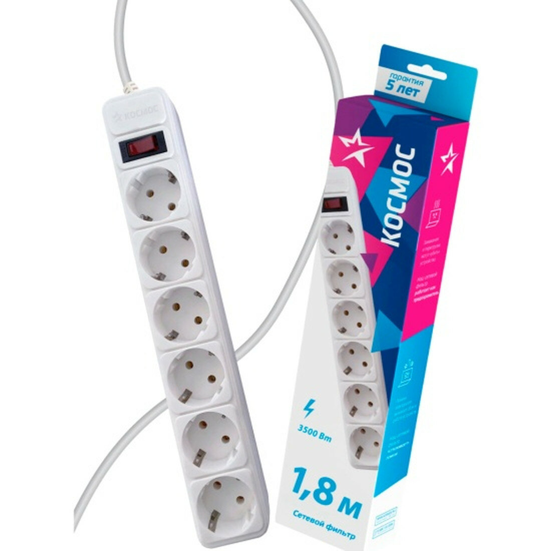 Сетевой фильтр Космос Электро Космос 6х1.8м с заземл. 16А IP20 3.5кВт с пред. 3х1 индик. сети белый FKsm1.8m-6g(W)16A