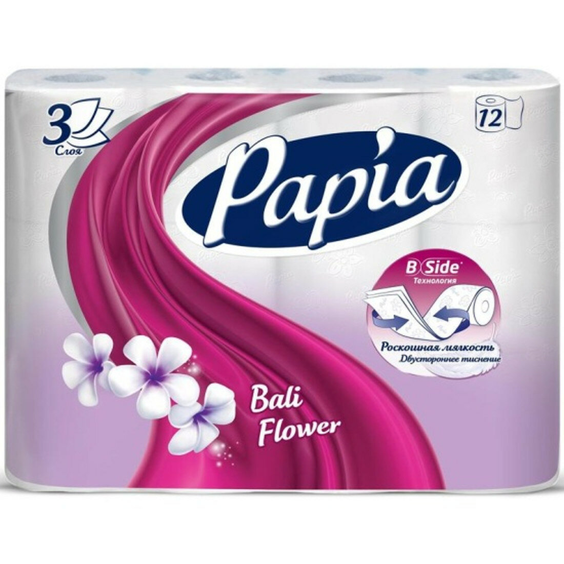 Туалетная бумага Papia Bali Flower белая с цветочным ароматом, 3 слоя, 12 рулонов