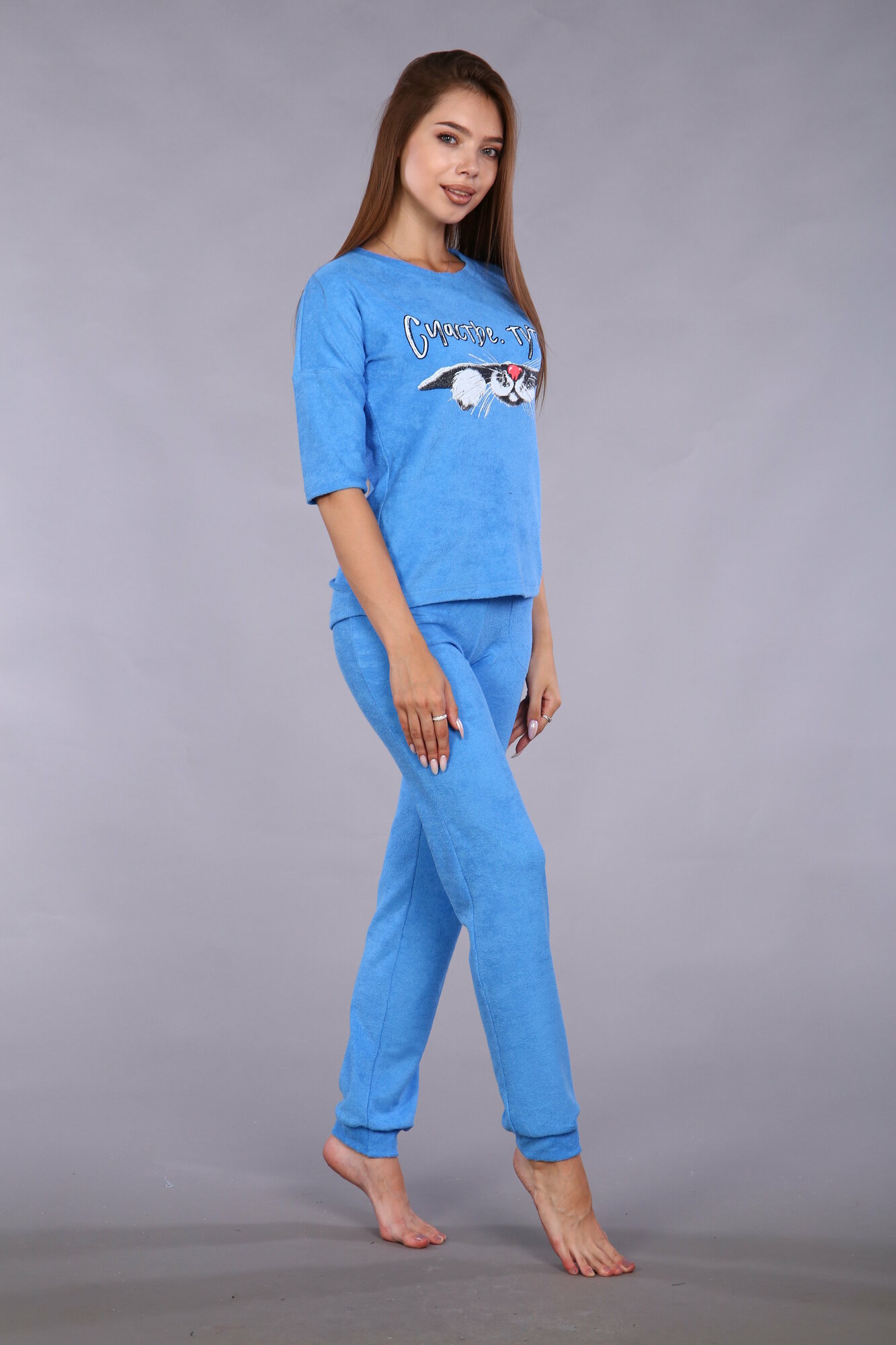 Женский костюм с брюками домашний больших размеров Дрема голубой IvCapriz 48 - фотография № 2