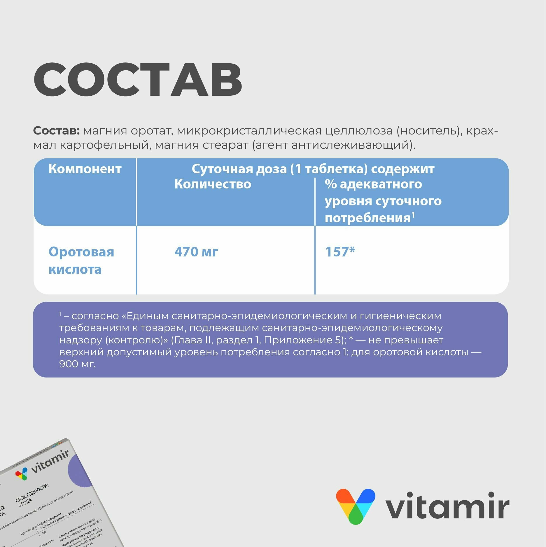 БАД Магния оротат VITAMIR, магний антиоксидант для сердца и сосудов, таблетки №30 — фото 1