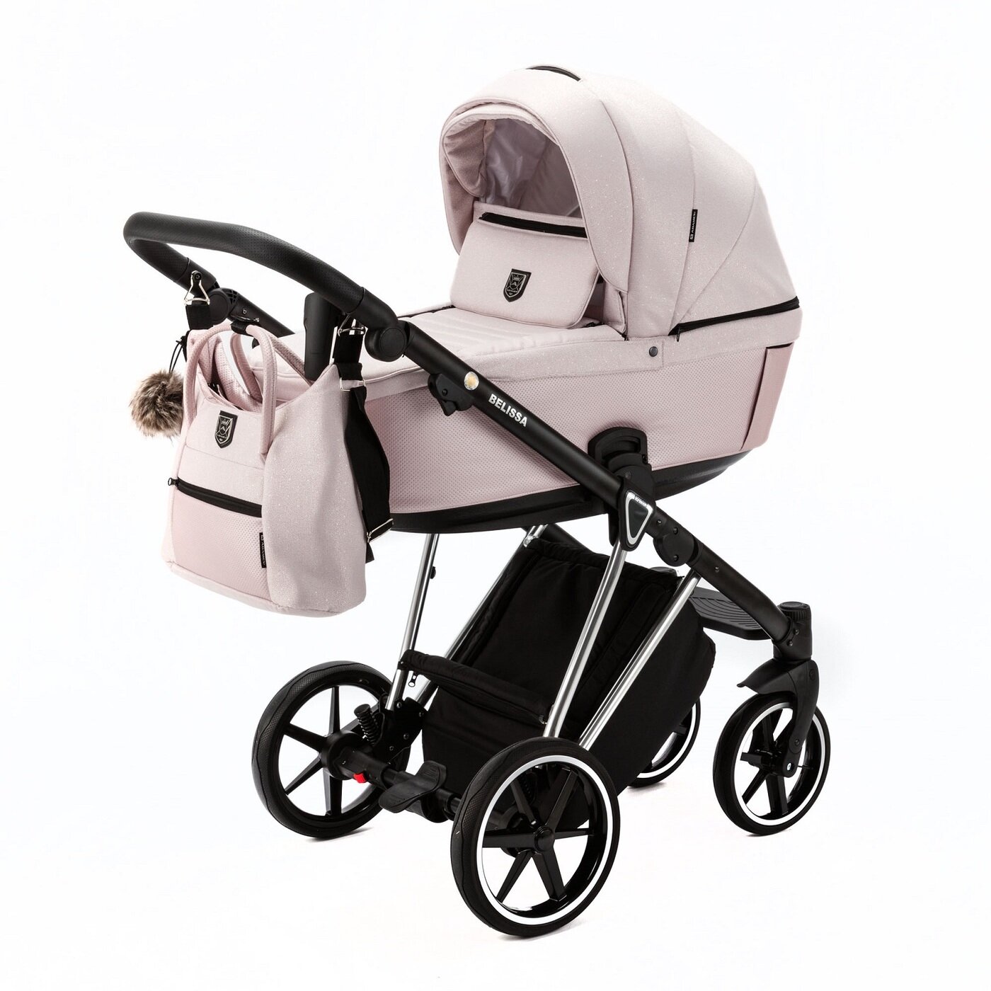 Коляска универсальная Adamex Belissa Special Edition 2 в 1, PS-590 - светло-розовая с блестками, светло-розовая перламутр кожа, хром рама