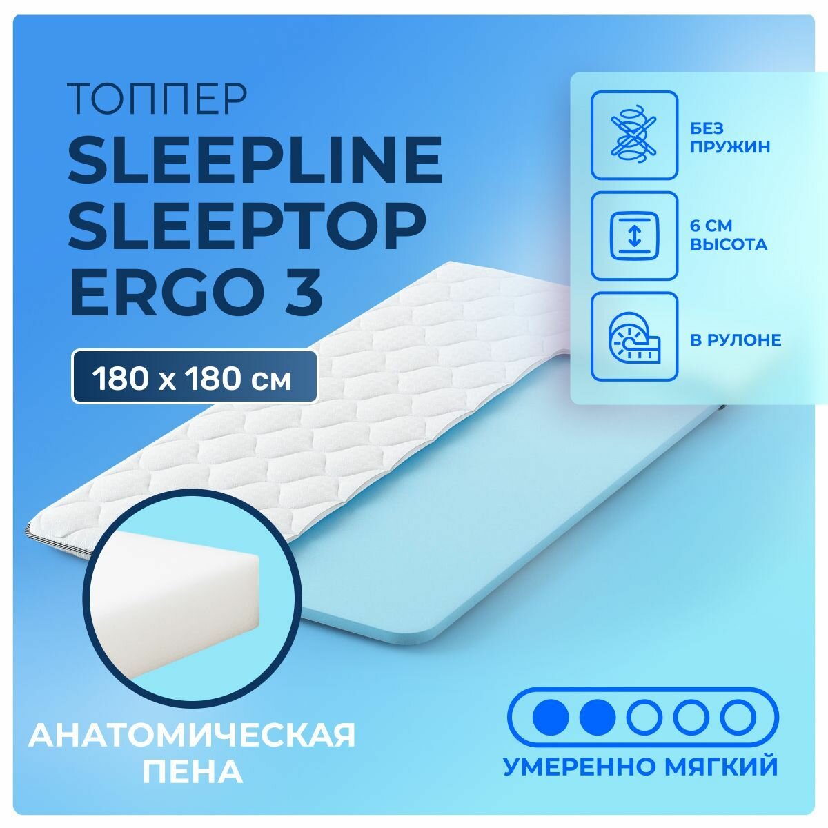 Тонкий матрас-топпер 180х180 Sleepline SleepTop Ergo 3 для диванов и матрасов, крепление на резинках, беспружинный, полумягкий, поролон, двуспальный 180х180