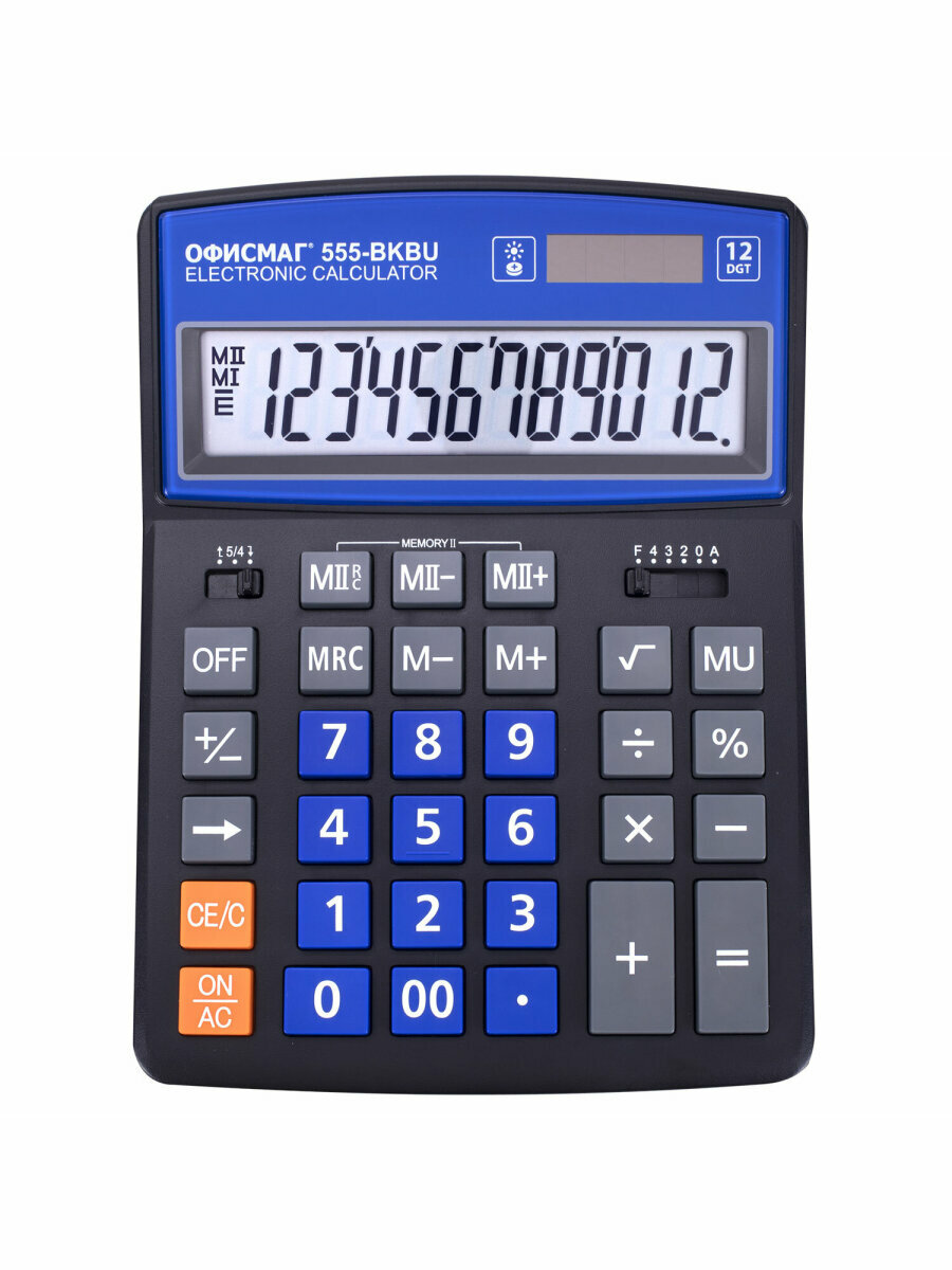 Калькулятор настольный большой 12 разрядный 206x155 мм двойное питание черный Офисмаг 555-BKBU 271927