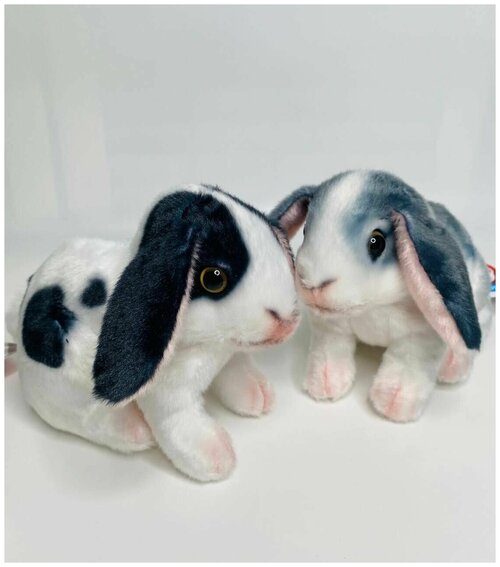 Мягкая игрушка кролик натуральный, символ года 2023 , набор из двух кроликов серый и черный с белым по 16см