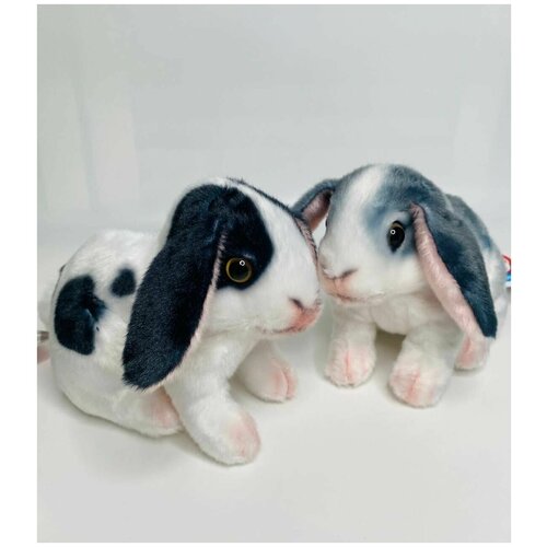 фото Мягкая игрушка кролик натуральный, символ года 2023 , набор из двух кроликов серый и черный с белым по 16см acfox