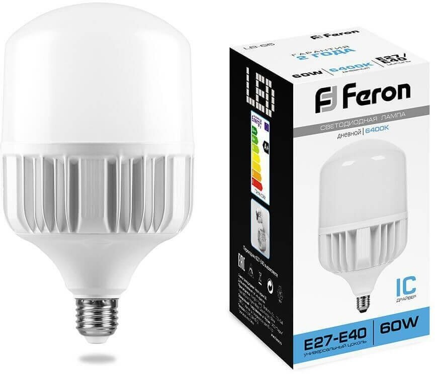 Лампа светодиодная Feron E27-E40 60W 6400K Цилиндр Матовая LB-65 25782