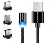 Магнитный кабель зарядки Floveme 3-в-1 (microUSB + type-C + Lightning), 1.0m, черный