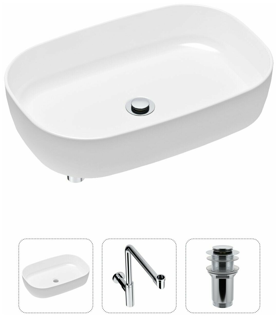 Комплект 3 в 1 Lavinia Boho Bathroom Sink 21520099: накладная фарфоровая раковина 54 см, металлический сифон, донный клапан