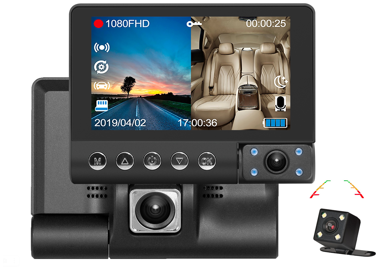 Автомобильный видеорегистратор Full HD 1080p / с тремя камерами / с G-сенсором / мониторинг парковки