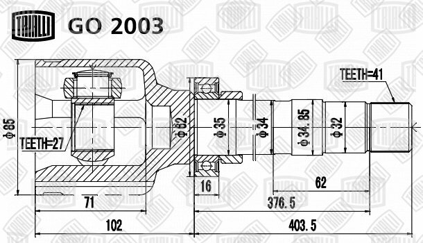 ШРУС для а м Fiat Ducato (06-) 1375 кг. (внутр. прав.) () перед прав Trialli GO 2003