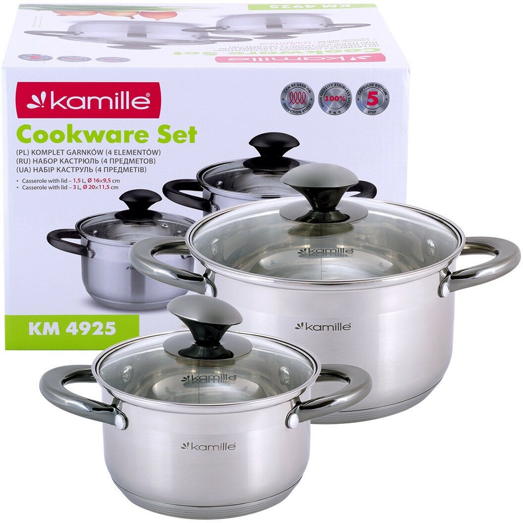 фото Набор из 2-х кастрюль Kamille 1.5 л, 3 л. из нержавеющей стали с крышкой и черными ручками