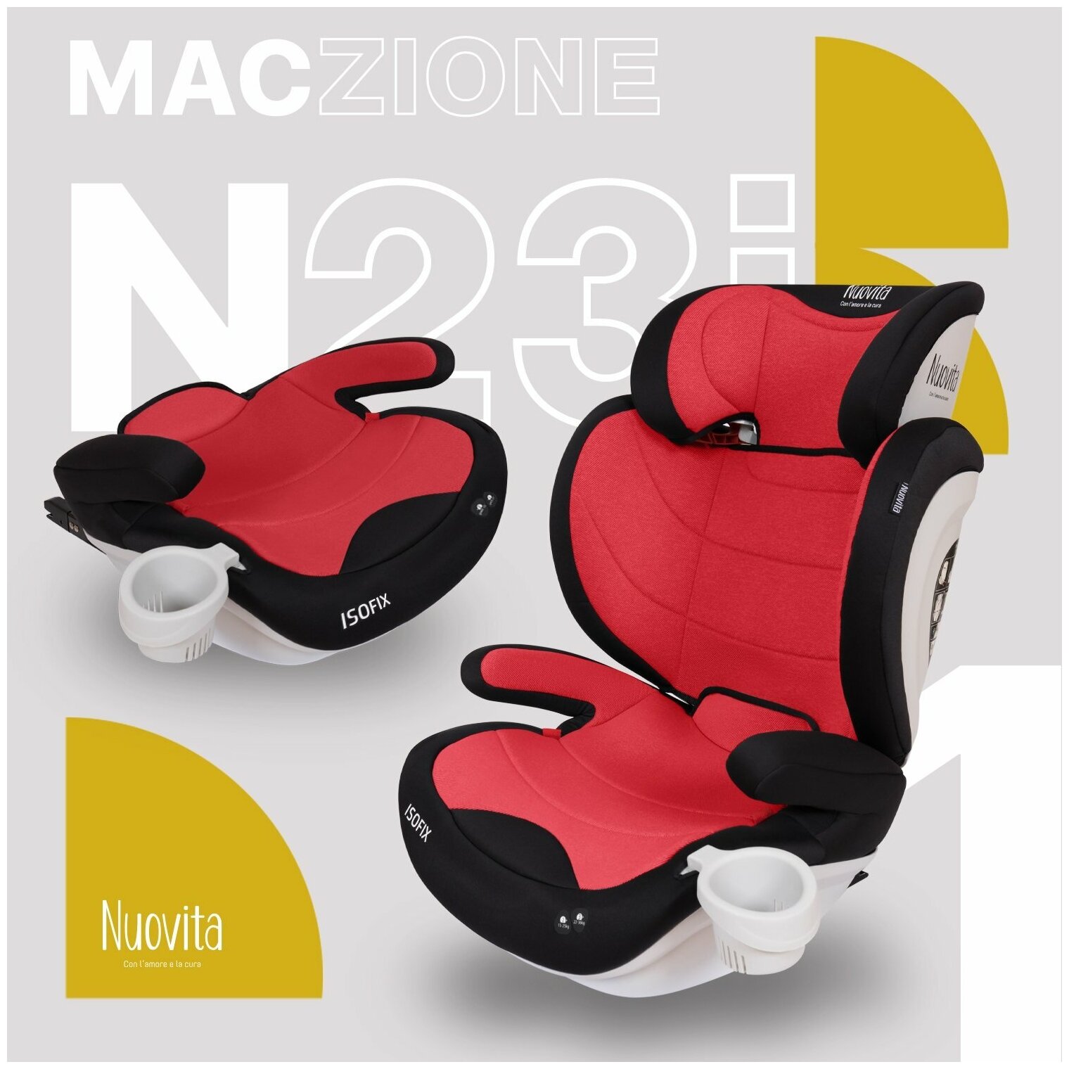 Автокресло детское с креплением Isofix Nuovita Maczione N23i-1, группа 2/3 от 3,5 до12 лет, весом от 15 до 36 кг/ трансформируется в бустер (Rosso/Красный)