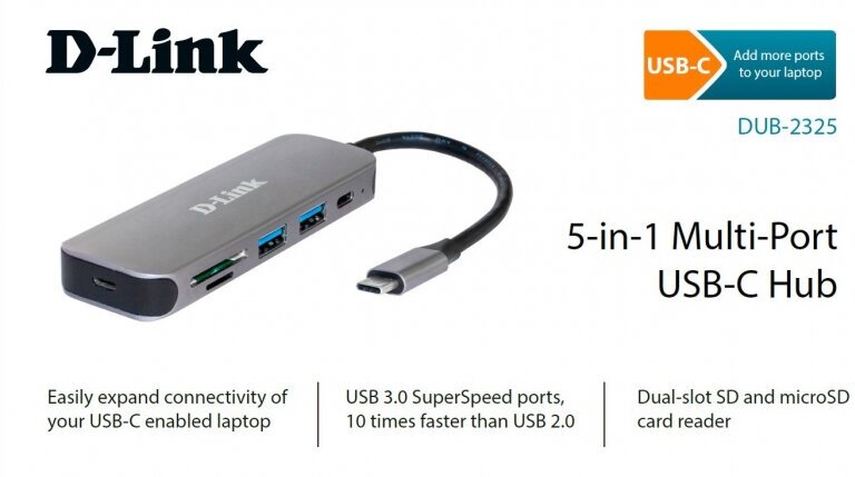 Разветвитель USB 3.0 D-link DUB-2325/A1A 2-port USB, USB Type-C port, SD and microSD card slots Hub.2 downstream USB type A (female) ports, 1 downstre