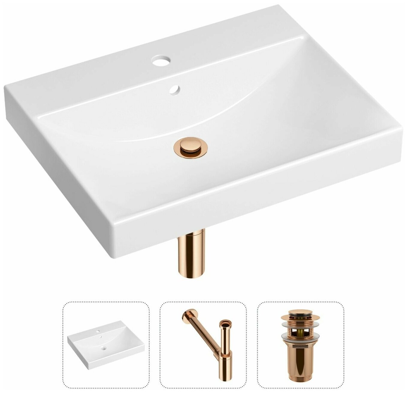 Врезная раковина в ванную Lavinia Boho Bathroom Sink 21520552 в комплекте 3 в 1: умывальник белый, донный клапан и сифон в цвете розовое золото