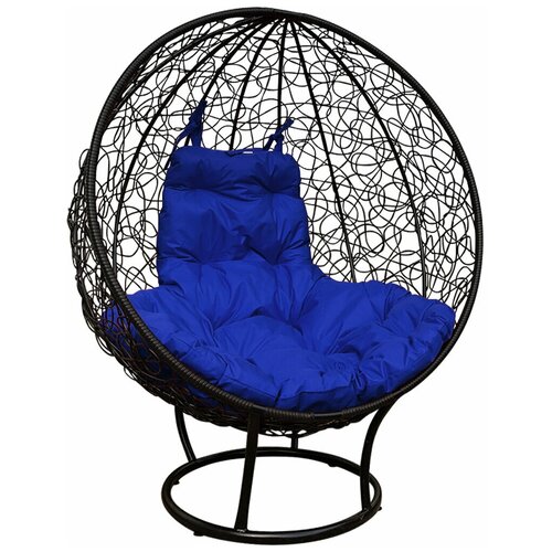 Кресло-кокон Круглое стоячее с ротангом черное + синяя подушка