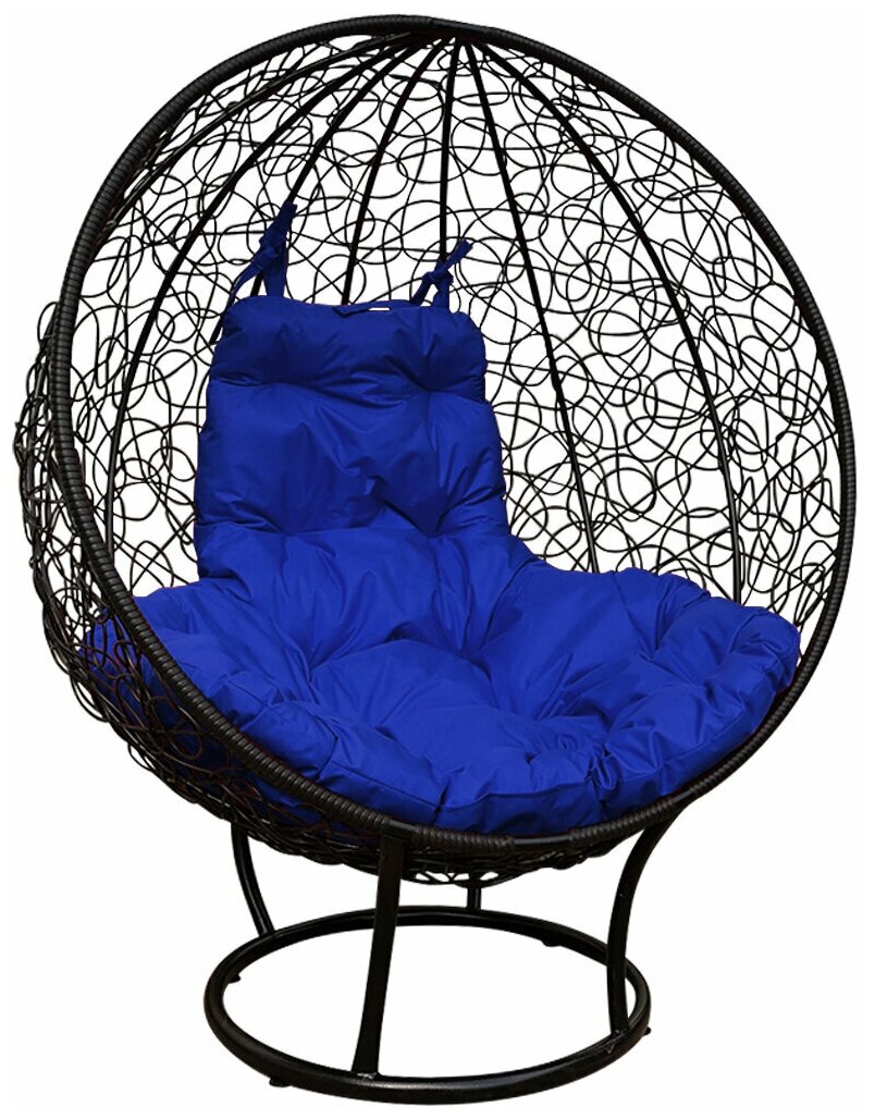 Кресло-кокон "Круглое" стоячее с ротангом черное + синяя подушка