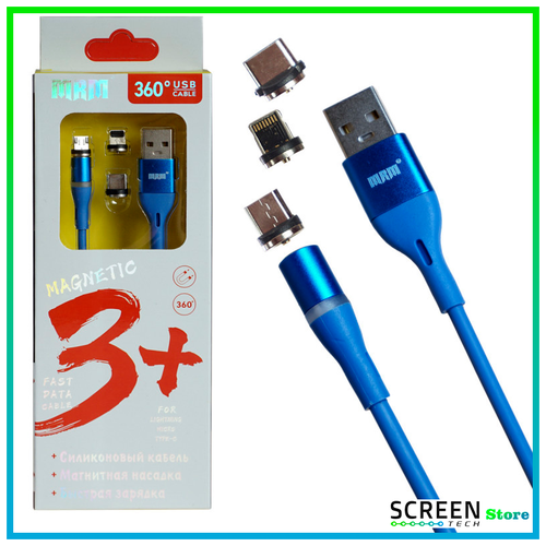 кабель зарядный магнитный с поворотной головкой micro usb Зарядный кабель USB 3 в 1 с магнитными насадками APPLE Lightning 8-pin, Micro USB, Type-C, 1 метр, MRM 360 синий