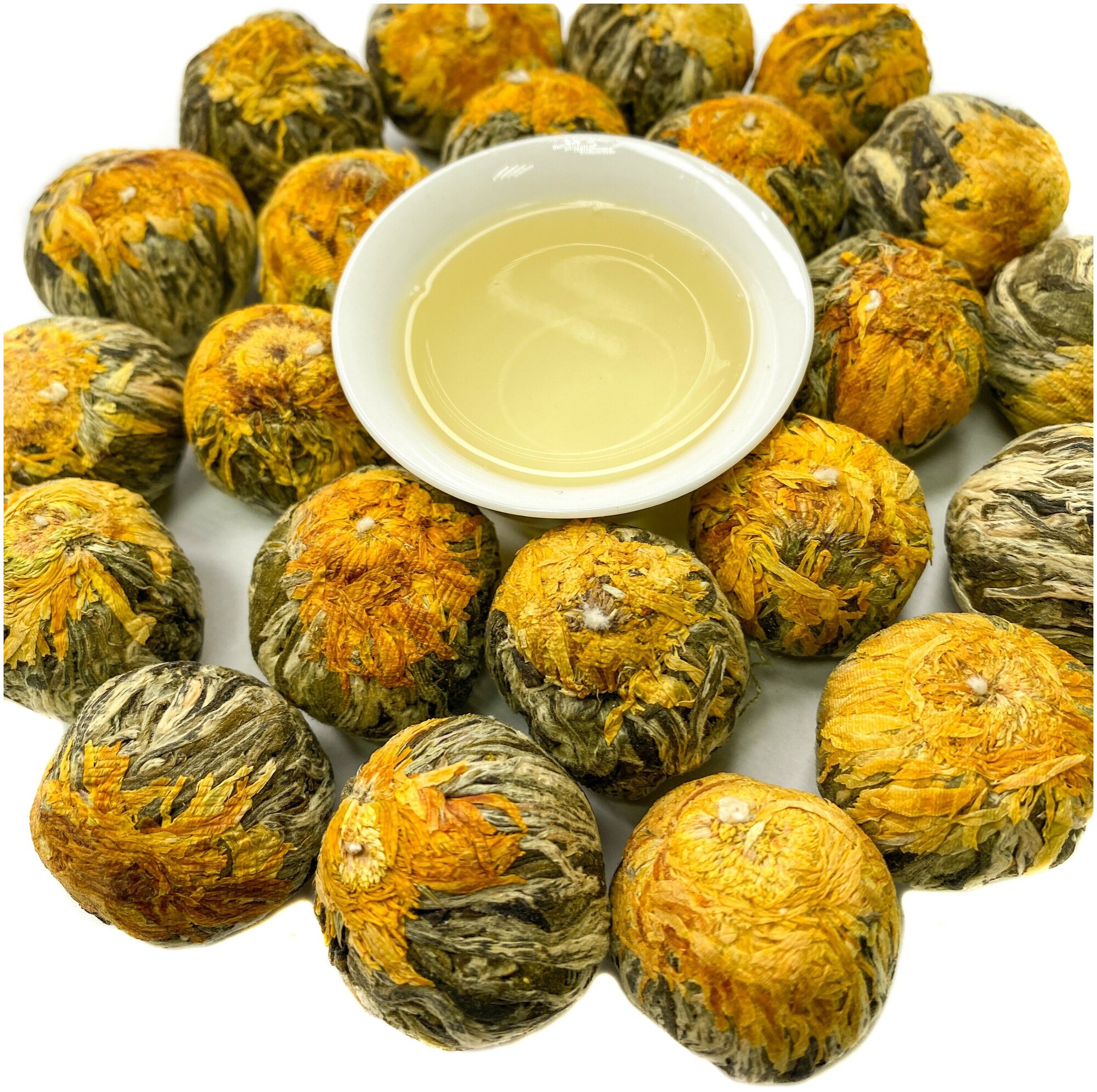 Связанный чай листовой, цветок распускающийся Персик и апельсин, 100 г - фотография № 1