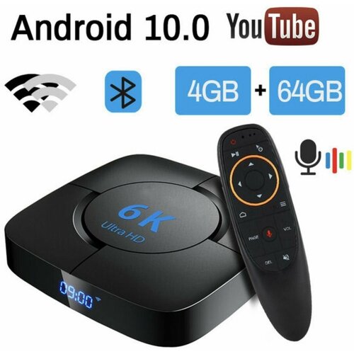 Андроид смарт ТВ приставка 10,0 4ГБ ОЗУ 64ГБ ПЗУ 6K TV Box Ultra HD 64бит+ Пульт c голосовым управлением и подсветкой G10s Pro BT Bluetooth Air Mouse