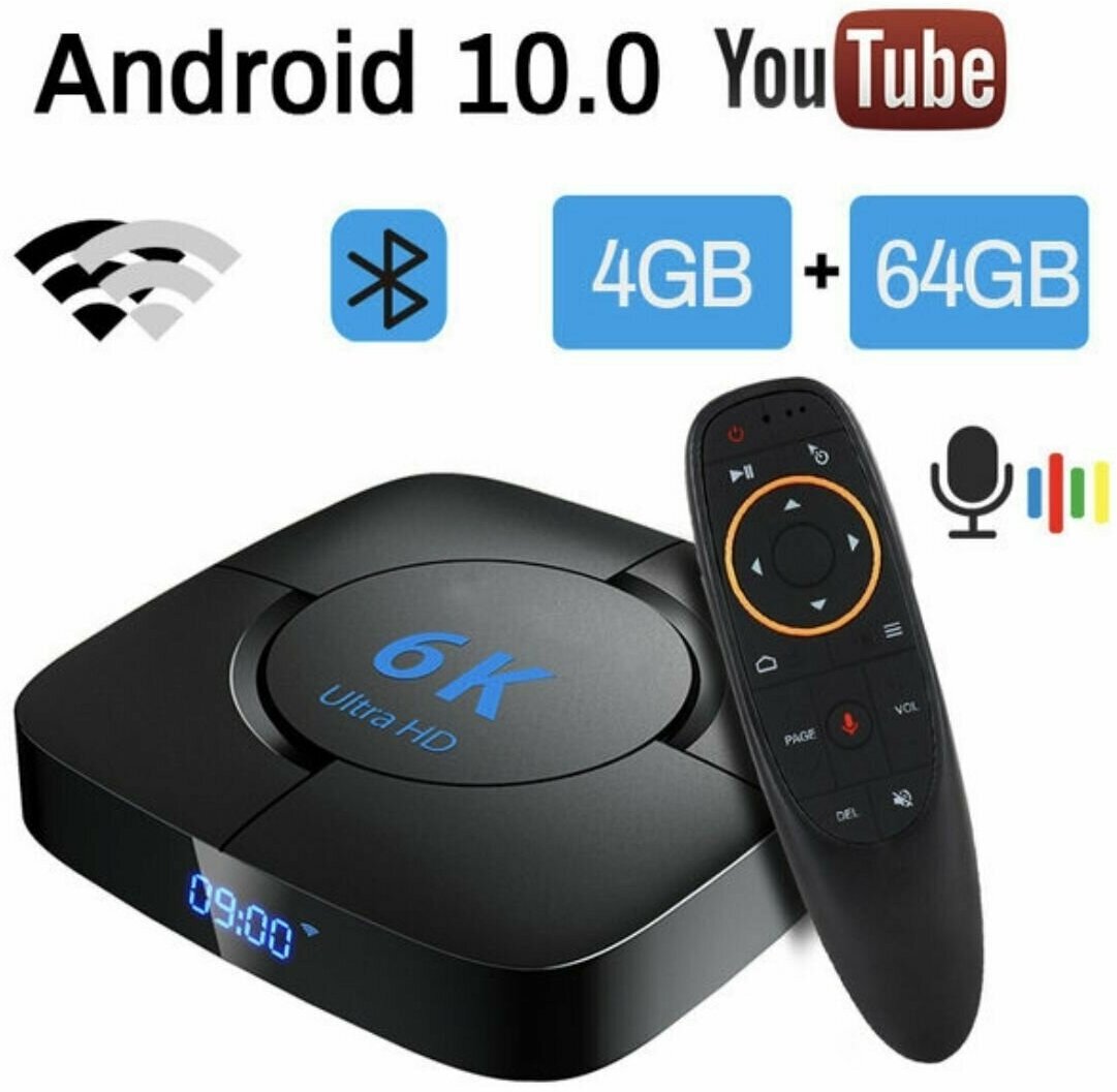 Андроид смарт ТВ приставка 100 4ГБ ОЗУ 64ГБ ПЗУ 6K TV Box Ultra HD 64бит+ Пульт c голосовым управлением и подсветкой G10s Pro BT Bluetooth Air Mouse