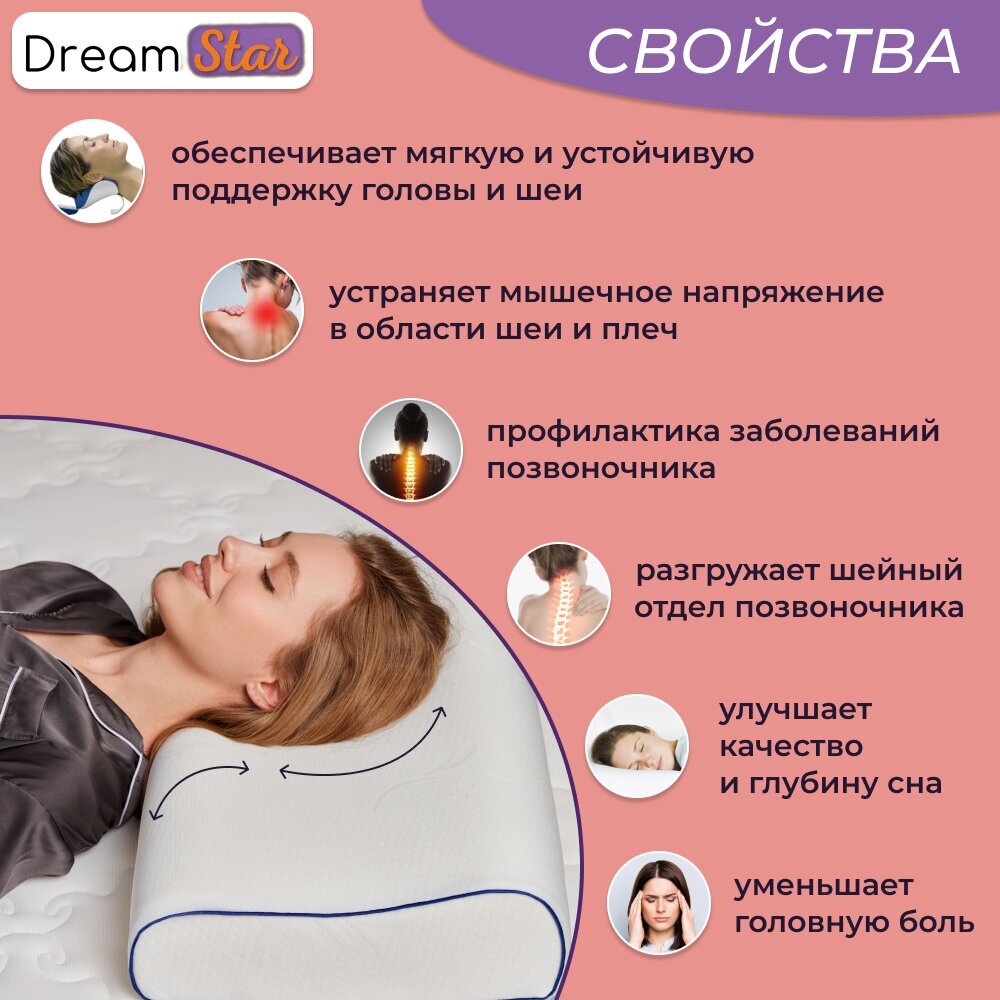 Ортопедическая подушка для сна с эффектом памяти DREAMSTAR 60х40 см, высота валиков 11 и 13 см - фотография № 3