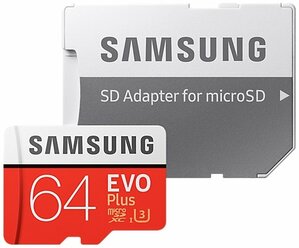 Карта памяти Samsung microSDXC EVO Plus UHS-I (U3) 64 GB, чтение: 100 MB/s, запись: 60 MB/s, адаптер на SD