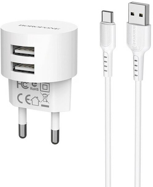 Сетевое зарядное устройство Borofone BA23A, 2xUSB, 2.4 А, кабель Type-C, белое