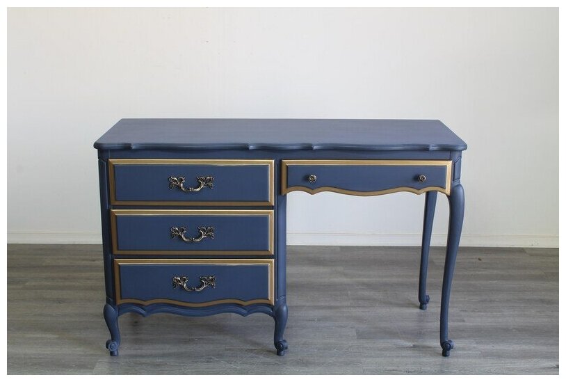 Винтажный французский провинциальный синий письменный стол, 4 ящика 125 х 80 х 55 см