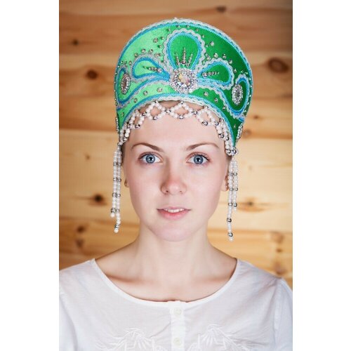 Кокошник русский народный традиционный Виктория, зеленый с серебром