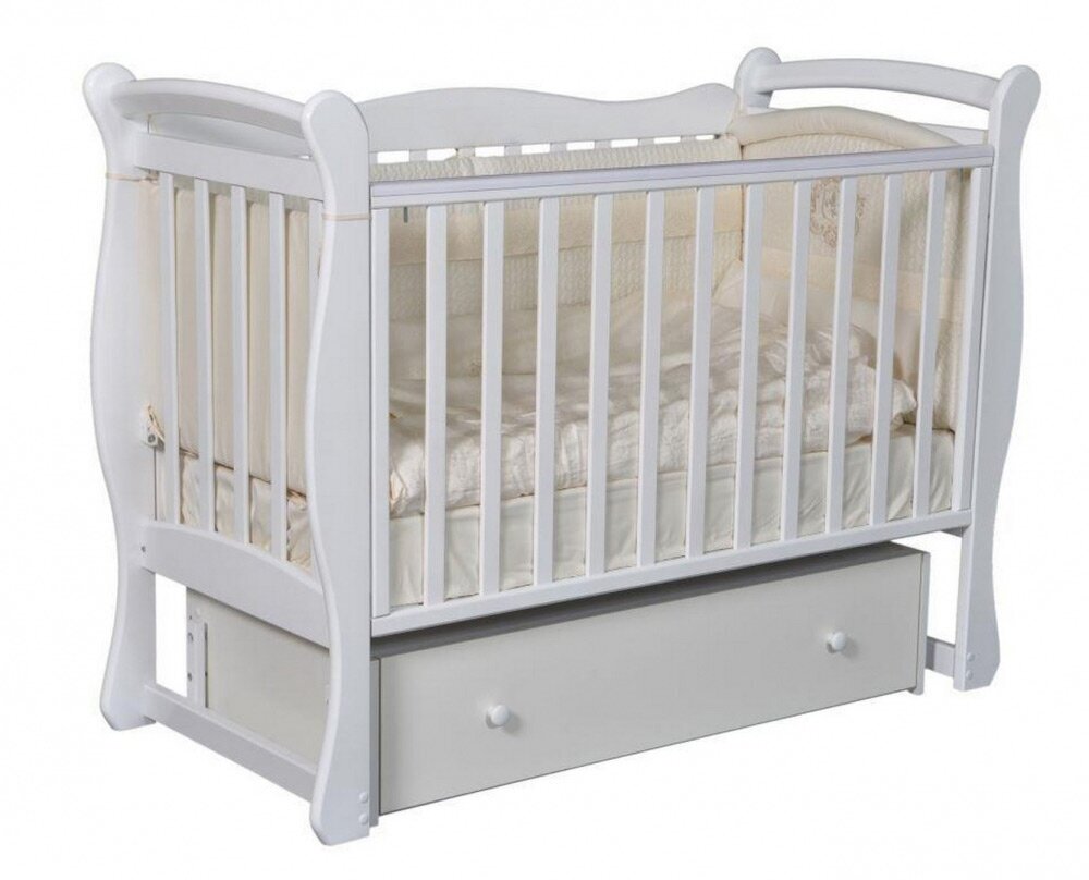 Детская кроватка для новорожденных Антел Джулия 1 с универсальным маятником (поперечный/продольный), ящиком, съемной стенкой, цвет белый