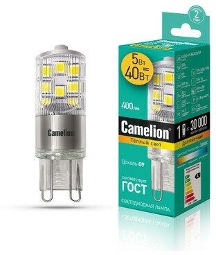 LED лампа 5Вт G9 на 220В 3000К(теплый свет) размер Ф16х55мм - LED5-G9-NF/830/G9 (Camelion)(код 13704)