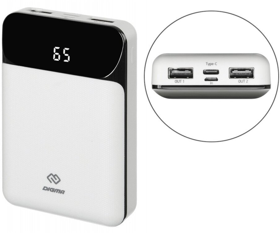 Внешний аккумулятор (Power Bank) DIGMA , 10000мAч, белый - фото №2