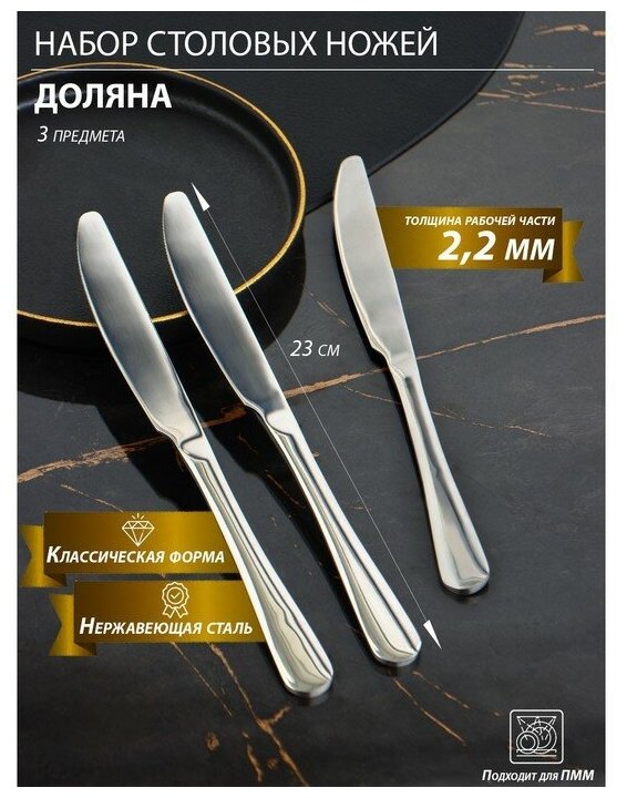Набор ножей столовых из нержавеющей стали Доляна, h=23 см, толщина рабочей части 2,2 мм, толщина ручки 5 мм, 410 сталь, 3 шт