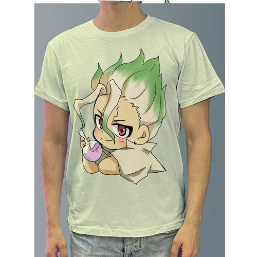 фото Футболка мужская белая молочный оттенок из хлопка с dtf рисунком аниме доктор стоун - 1099 будь на стиле