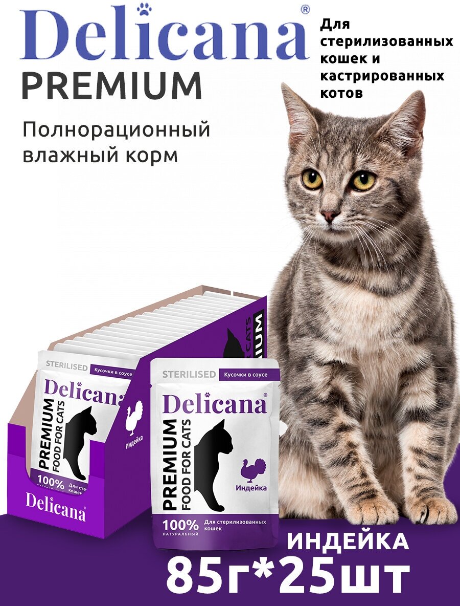 Delicana Корм консервированный для стерилизованных кошек Индейка в соусе, 25 шт по 85 гр - фотография № 5