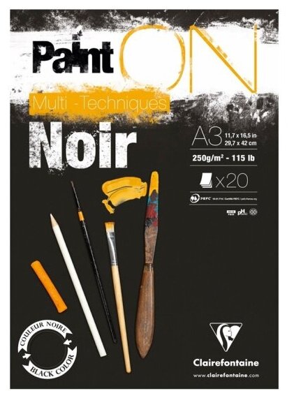 Альбом Clairefontaine для смешанных техник 20л, А3, на склейке "Paint'ON Noir", 250г/м2, черная
