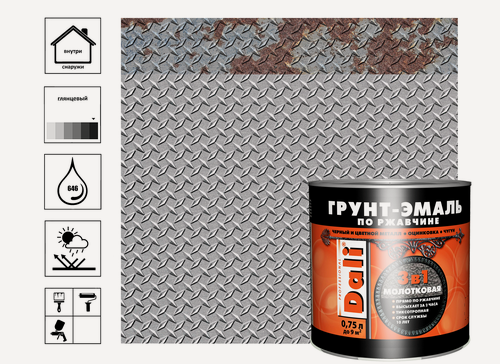 Изображение товара Грунт-эмаль Dali молотковая по ржавчине, серый, 0,75 л