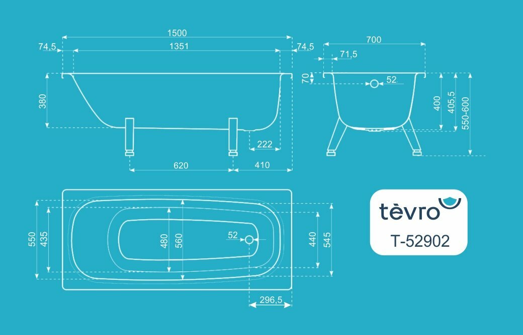 Ванна стальная ВИЗ Tevro Т-52902 150х70 пристенная прямоугольная — фото 1