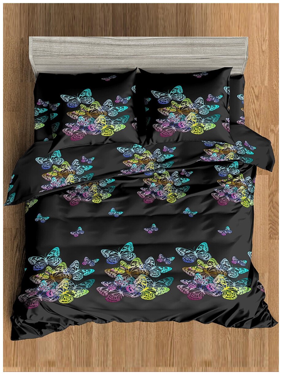 Постельное белье Amore Mio Макосатин Multi 2 спальный комплект микрофибра черный бирюзовый с принтом бабочки